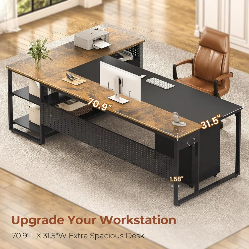 Reversible L Shaped Desk with Mobile File Cabinet & Power Outlets