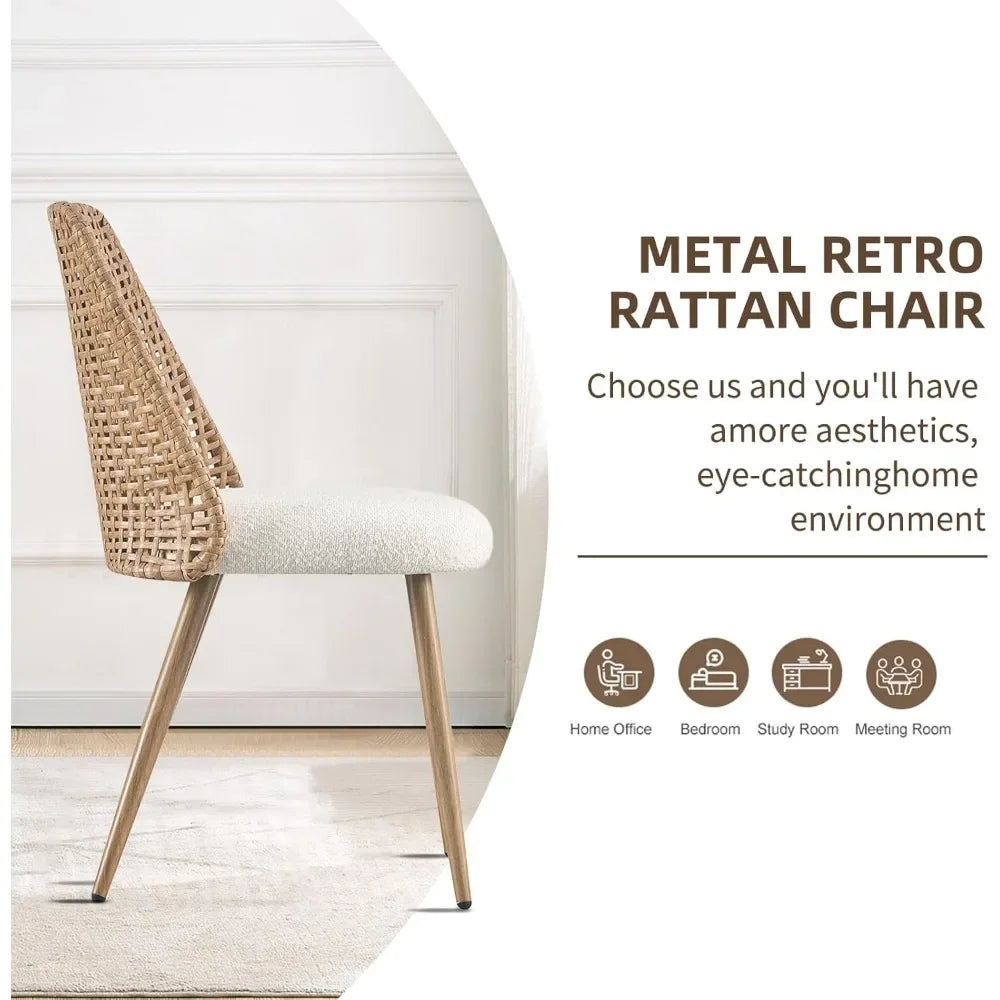 Boucle Upholstered Rattan Dining Chairs with PE Cane Back