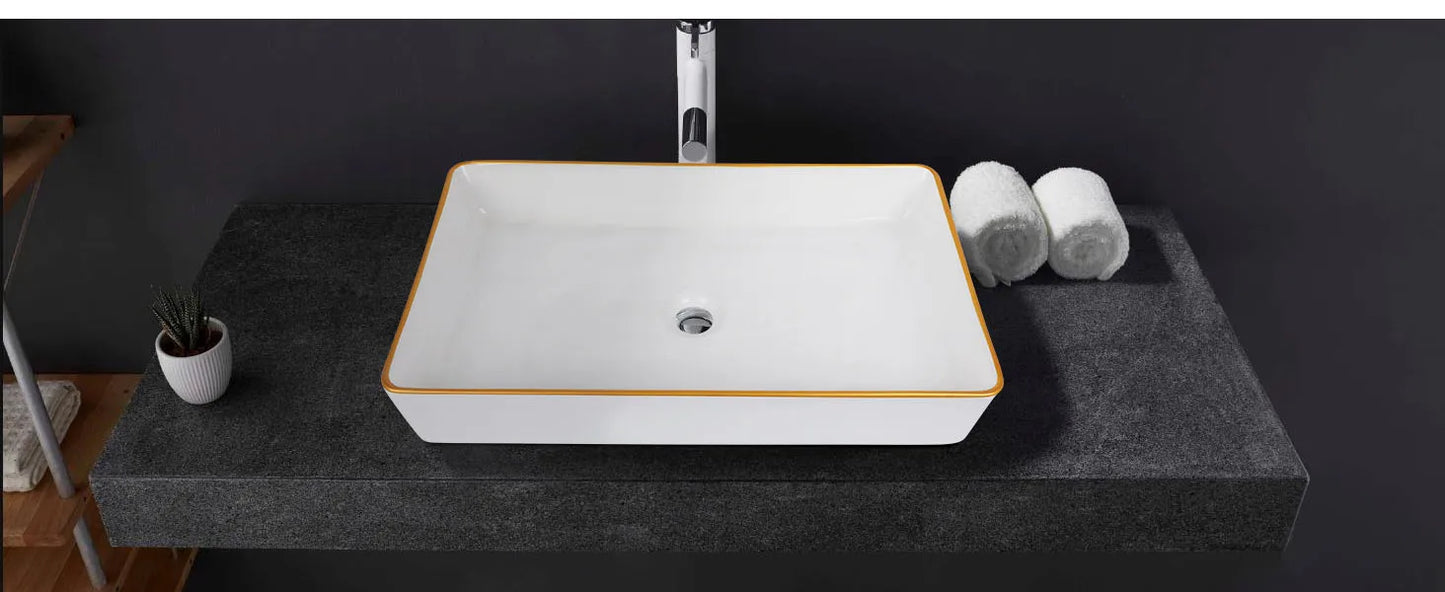 Elegant Modern Ceramic Style Gold Rim Rectangular Vessel Sink