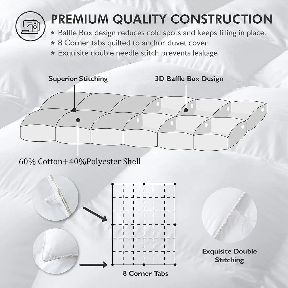 Goose Feather Down Comforter - Egyptian Cotton-Blend Fabric for Cold Sleepers/Cold Weather