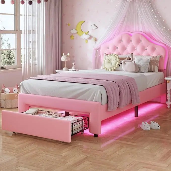 Twin Size Girl Bed with Storage Drawer & LED Lights