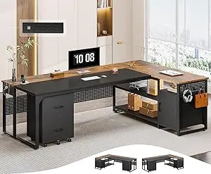 Reversible L Shaped Desk with Mobile File Cabinet & Power Outlets
