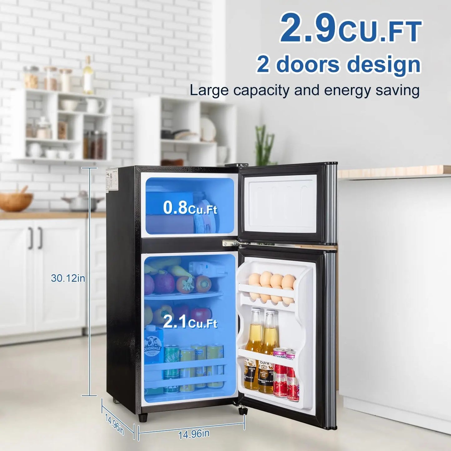 Mini Fridge with Freezer with 7 Adjustable Thermostat
