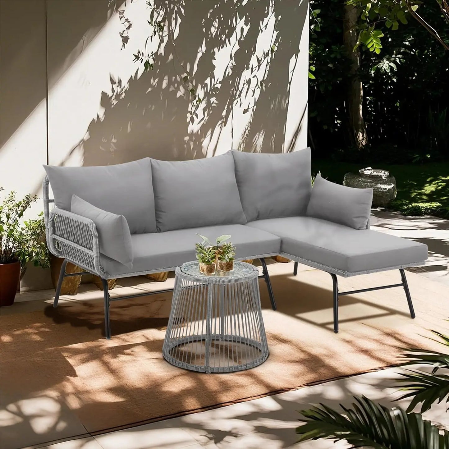 Outdoor Patio Furniture Set with Thick Cushions and Glass Coffee Table