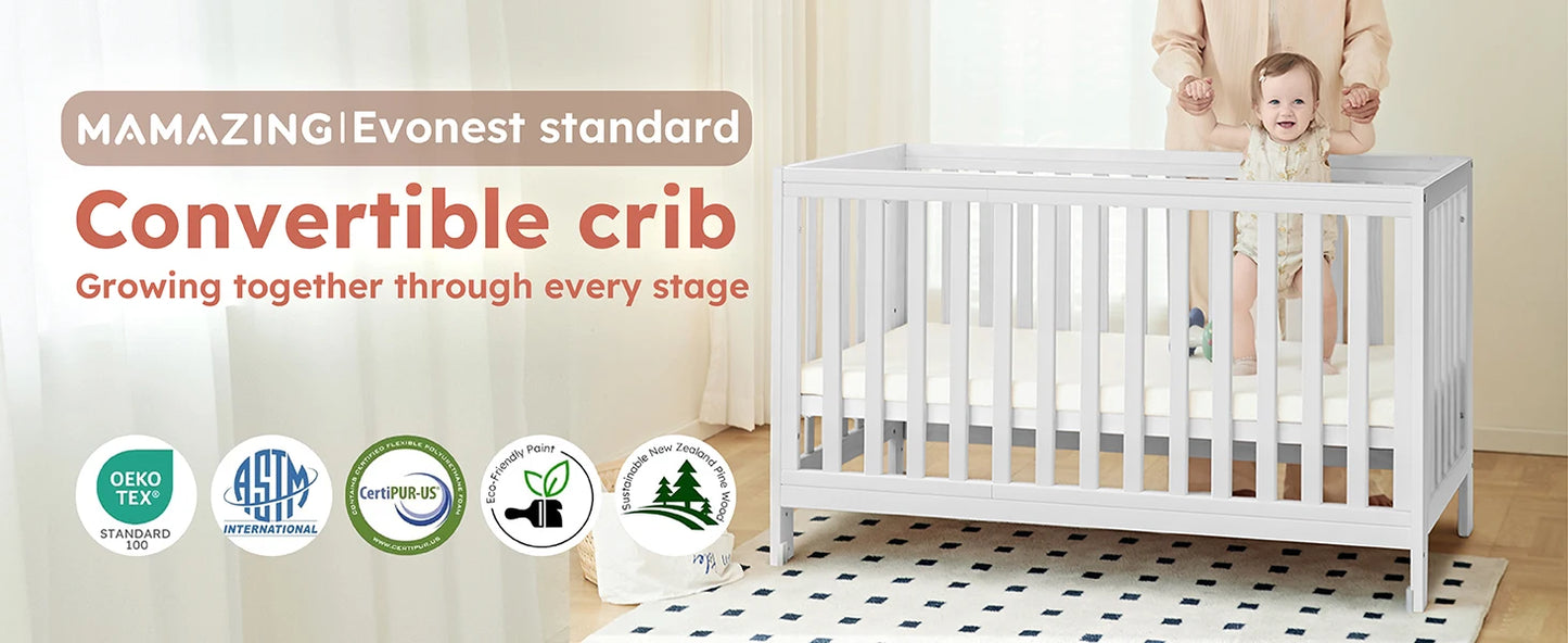 Baby Full Size Crib with Removable Wheels and 4 Adjustable Heights