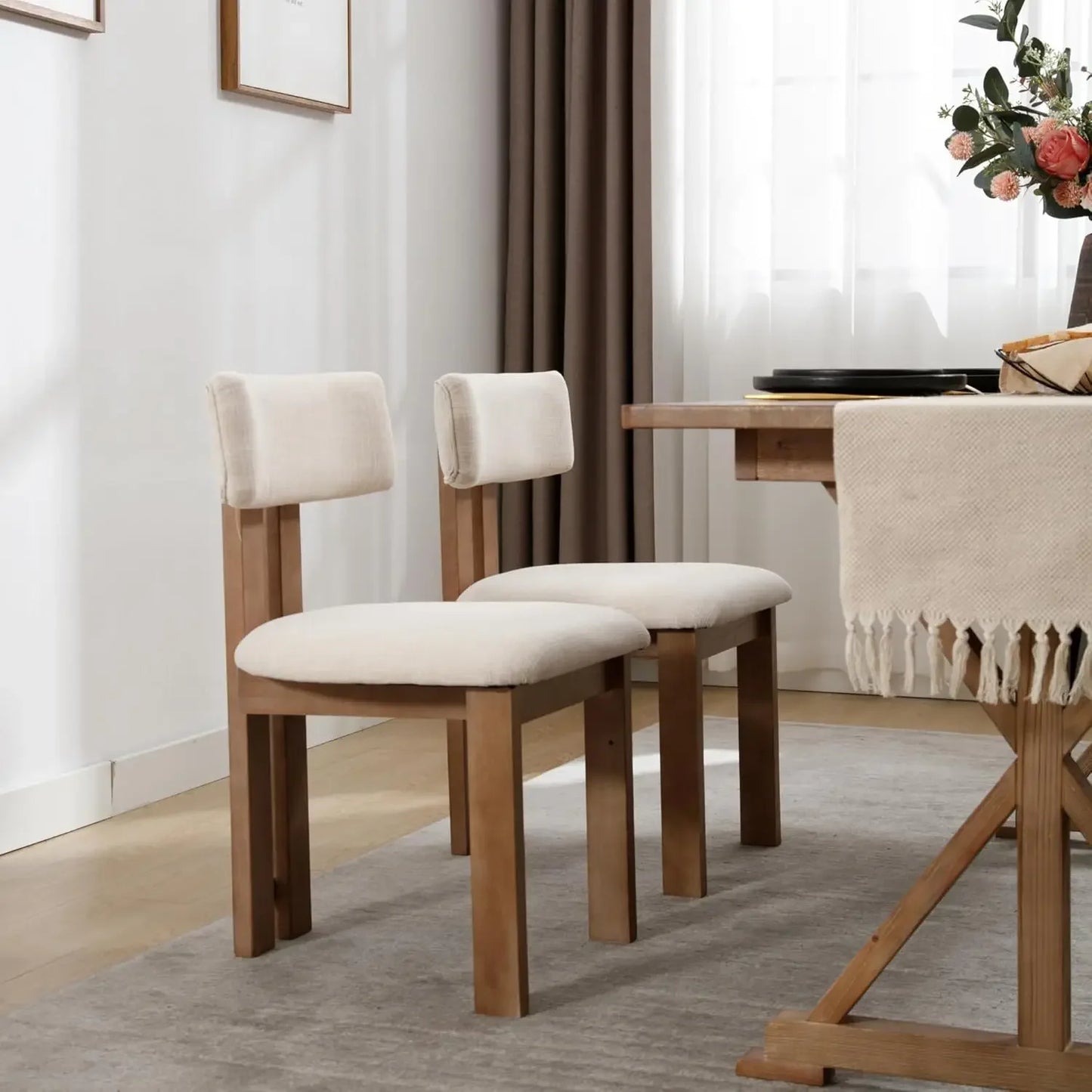 Armless Upholstered Accent Linen Dining Chairs Set with Natural Hardwood Legs