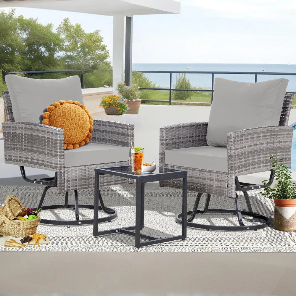 Swivel Patio Furniture Set with Glass Coffee Table and Thick Cushions