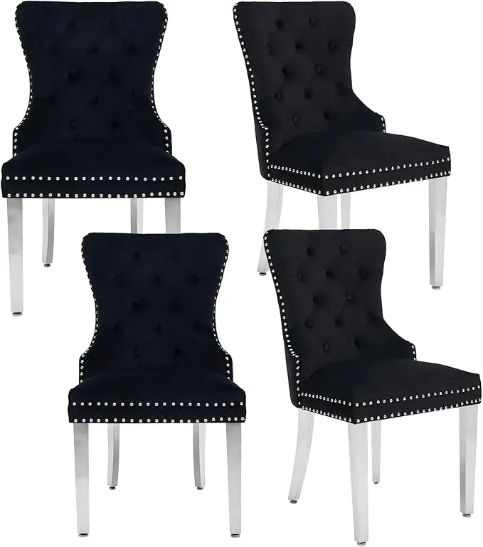 Tufted Upholstered Velvet Dining Chairs with Pull Ring and Stainless Steel Legs