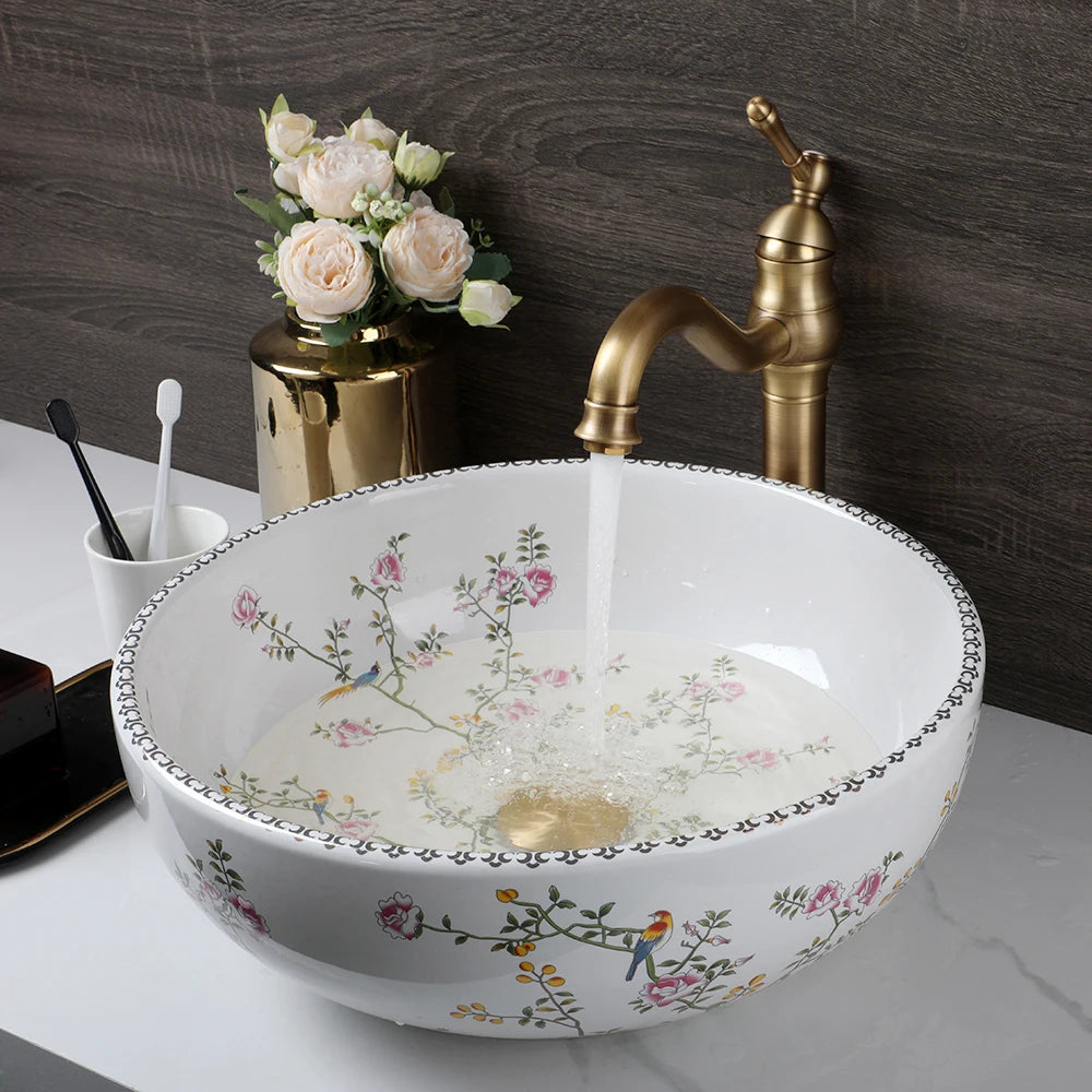 Ceramic Vessel Counter Top Flower Bird Pattern Bowl Sinks for Bathrooms