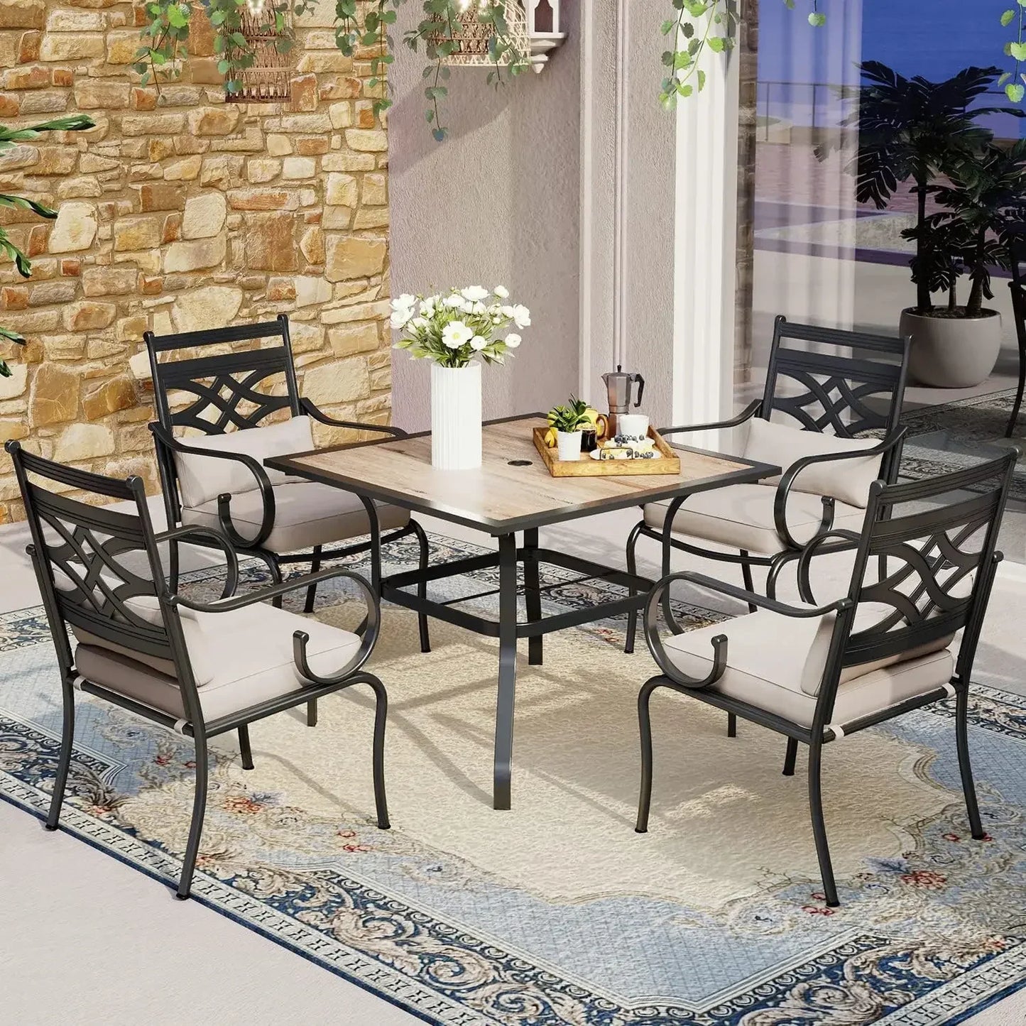 Patio Dining Sets with 4 Swivel Chairs and 1 Square Table