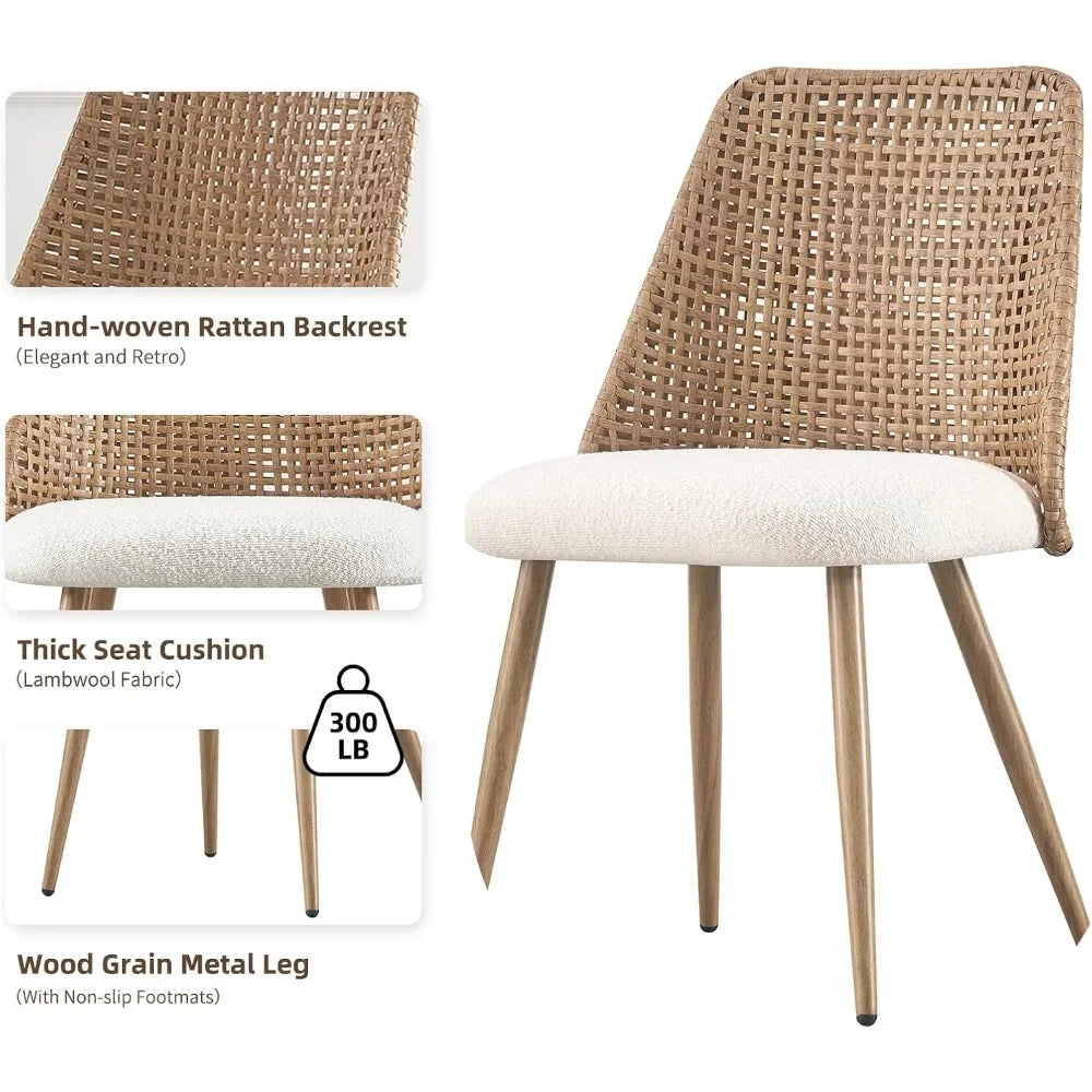 Boucle Upholstered Rattan Dining Chairs with PE Cane Back