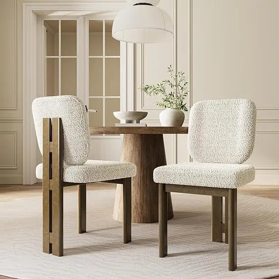 Modern Boucle Dining Chairs Set of 2 with Ergonomic Curved Back/Walnut Wood Legs