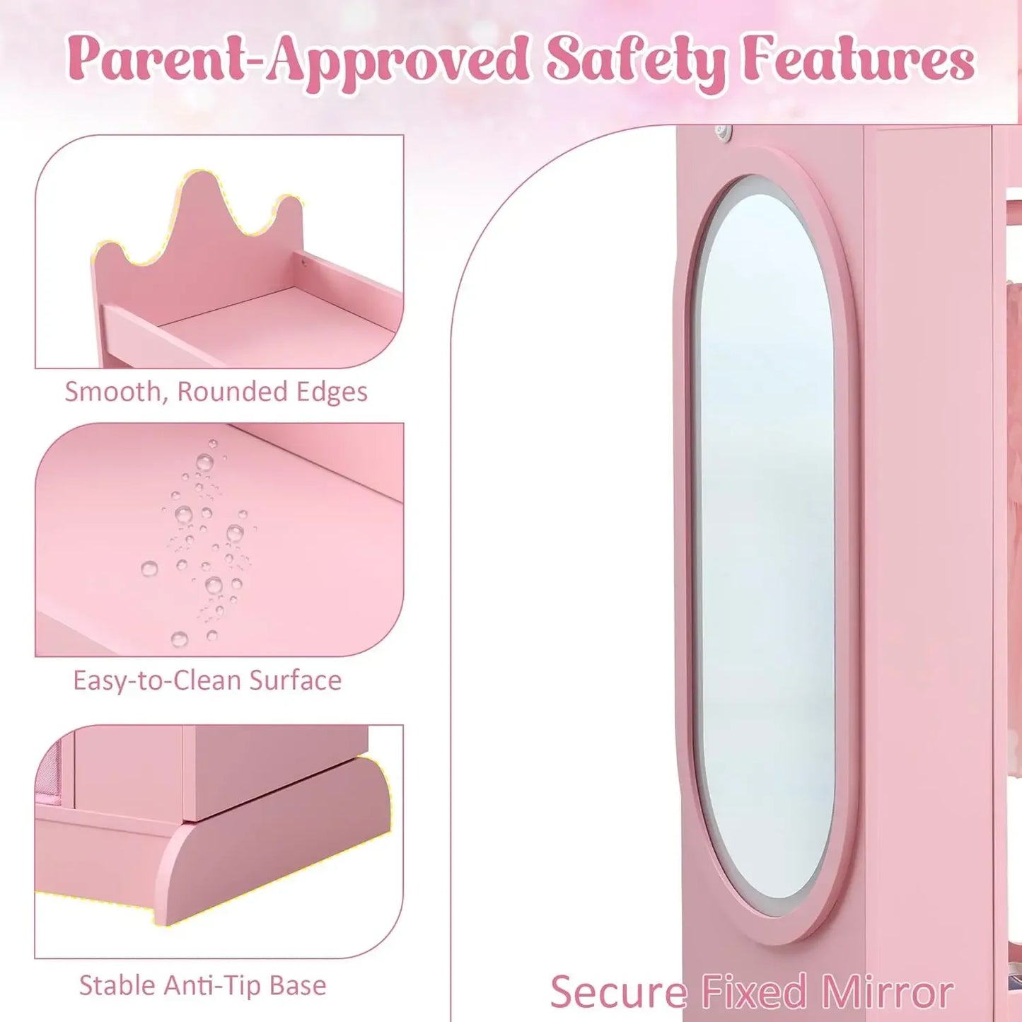 Princess Wardrobe Closet with Dual Mirrors, Hidden Jewelry Cabinet, Shelves & Hanging Rack