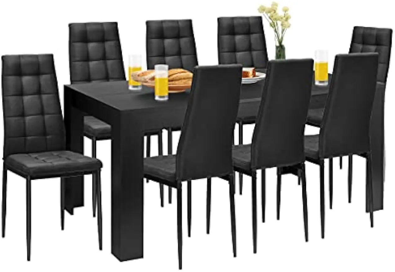 Wood Rectangular Table with 8 Upholstered Chairs Set