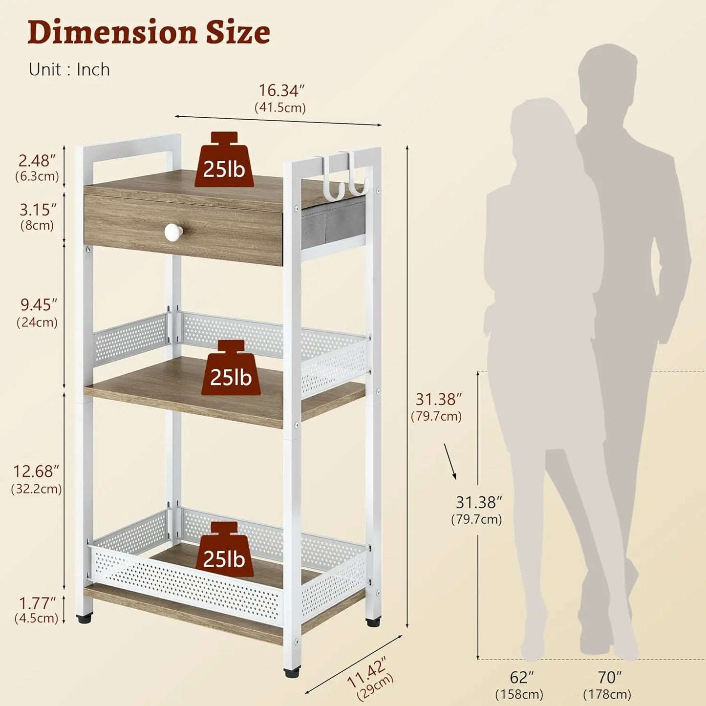 3-Tier Bathroom Floor Storage Shelf with Drawer