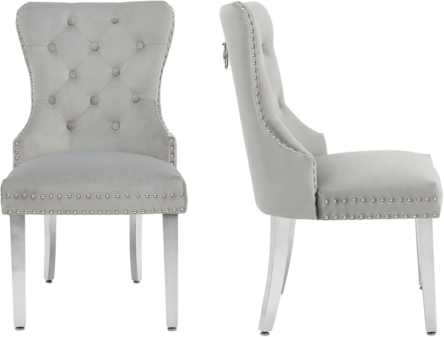 Tufted Upholstered Leather Dining Chairs with Solid Wood Legs and a Pull Ring