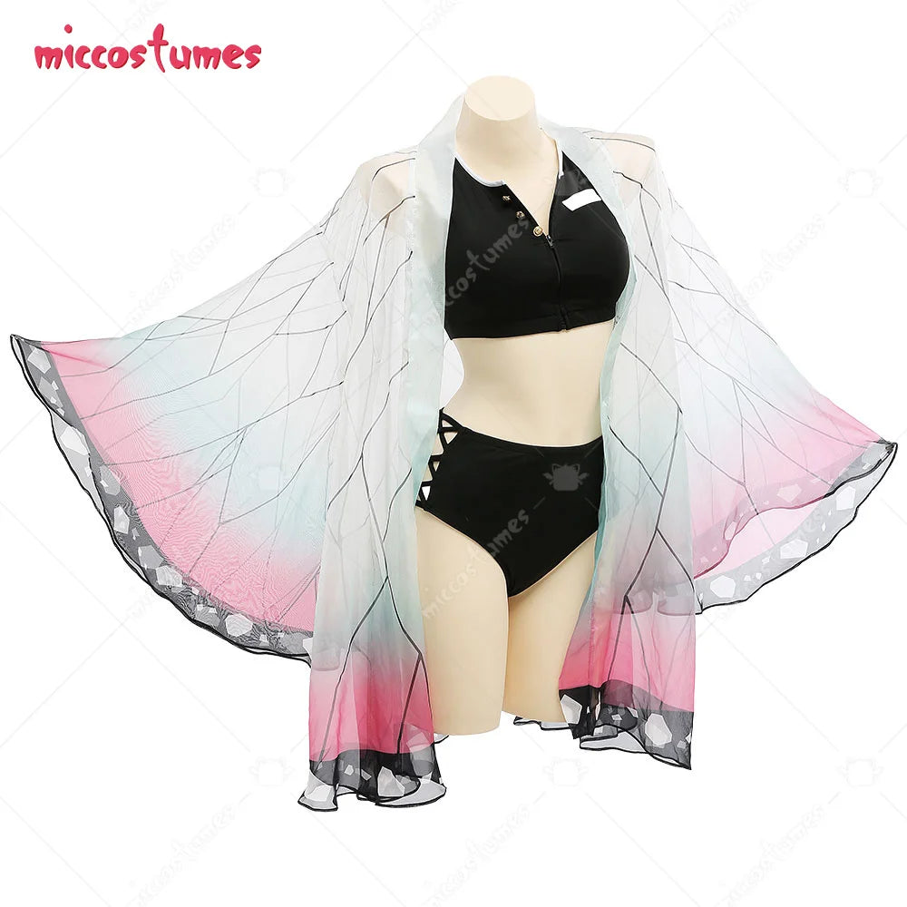 Teen to Women Two Piece Bathing Suit with Strapped Butterfly-Printed Kimono Haori Cover Up