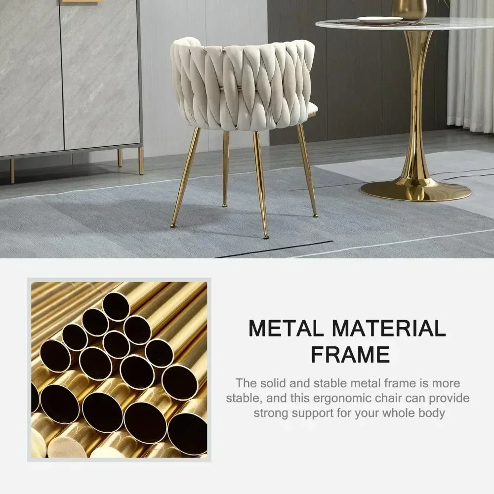 Woven Velvet Upholstered Dining Chairs Set with Gold Metal Legs