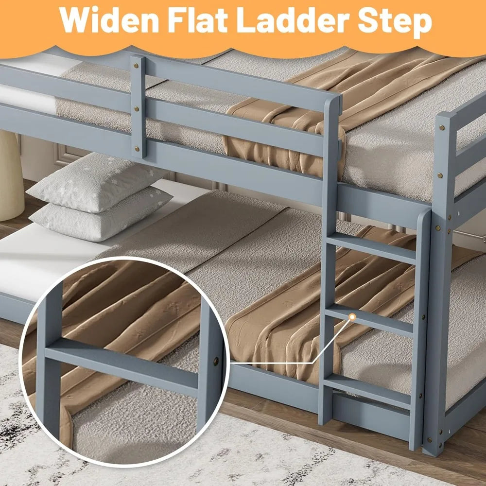 Wood Low Profile Floor Twin Bunk Beds w/Ladder Guardrails