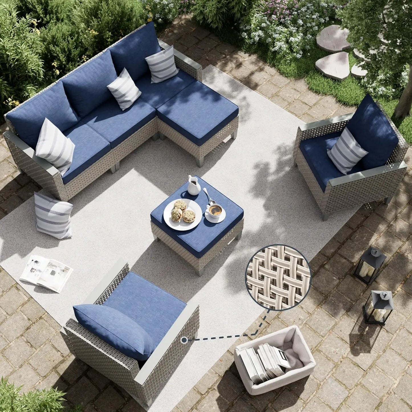 Outdoor Patio Furniture Set with Sectional Sofa, Ottomans and Thick Cushions