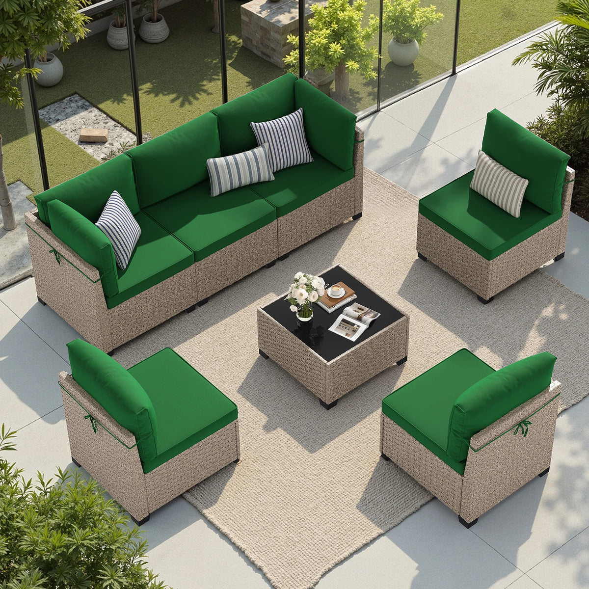 All-Weather Rattan Sectional Sofa with Tempered Glass Table