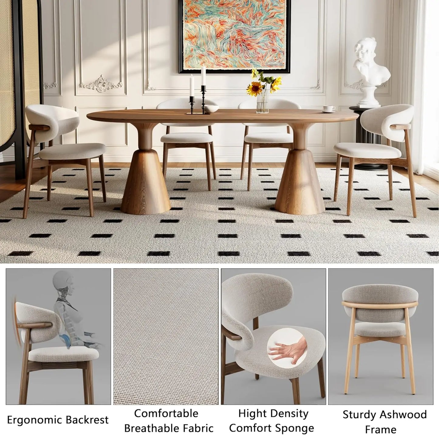 Modern Upholstered Solid Wood Dining Chairs with Curved Backrest