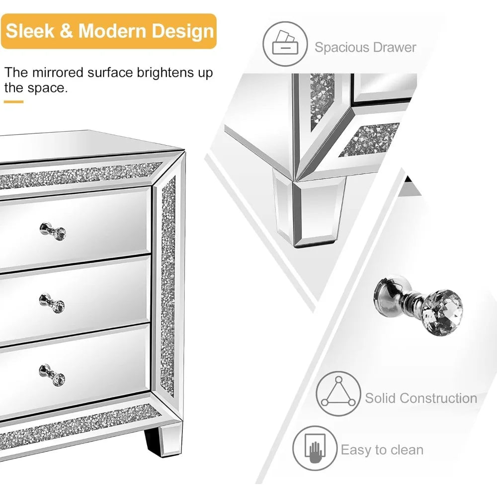 Mirrored Nightstands Set with 3 Drawer Glass Side