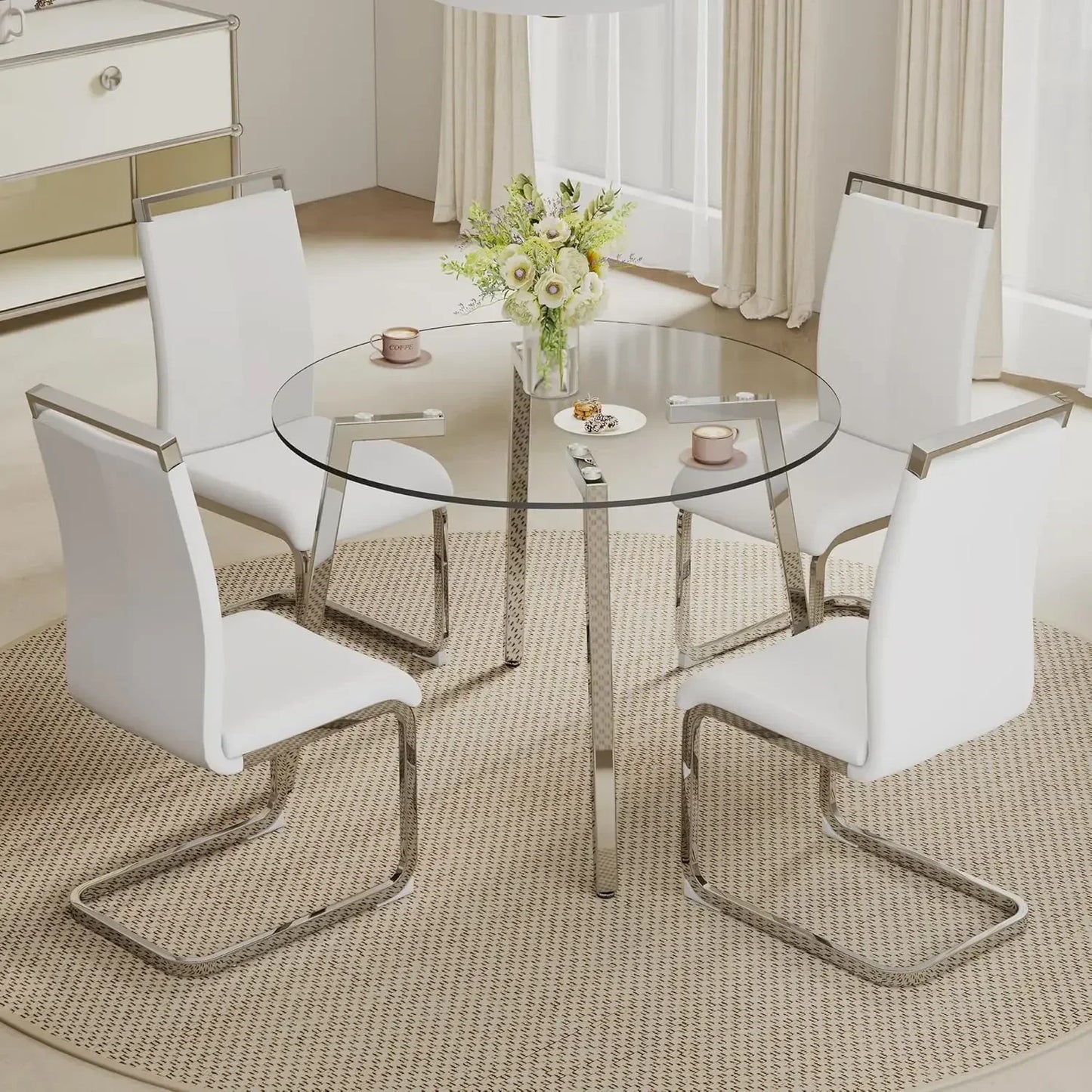 Tempered Glass Round Dining Table Set with 4 Armless Chairs