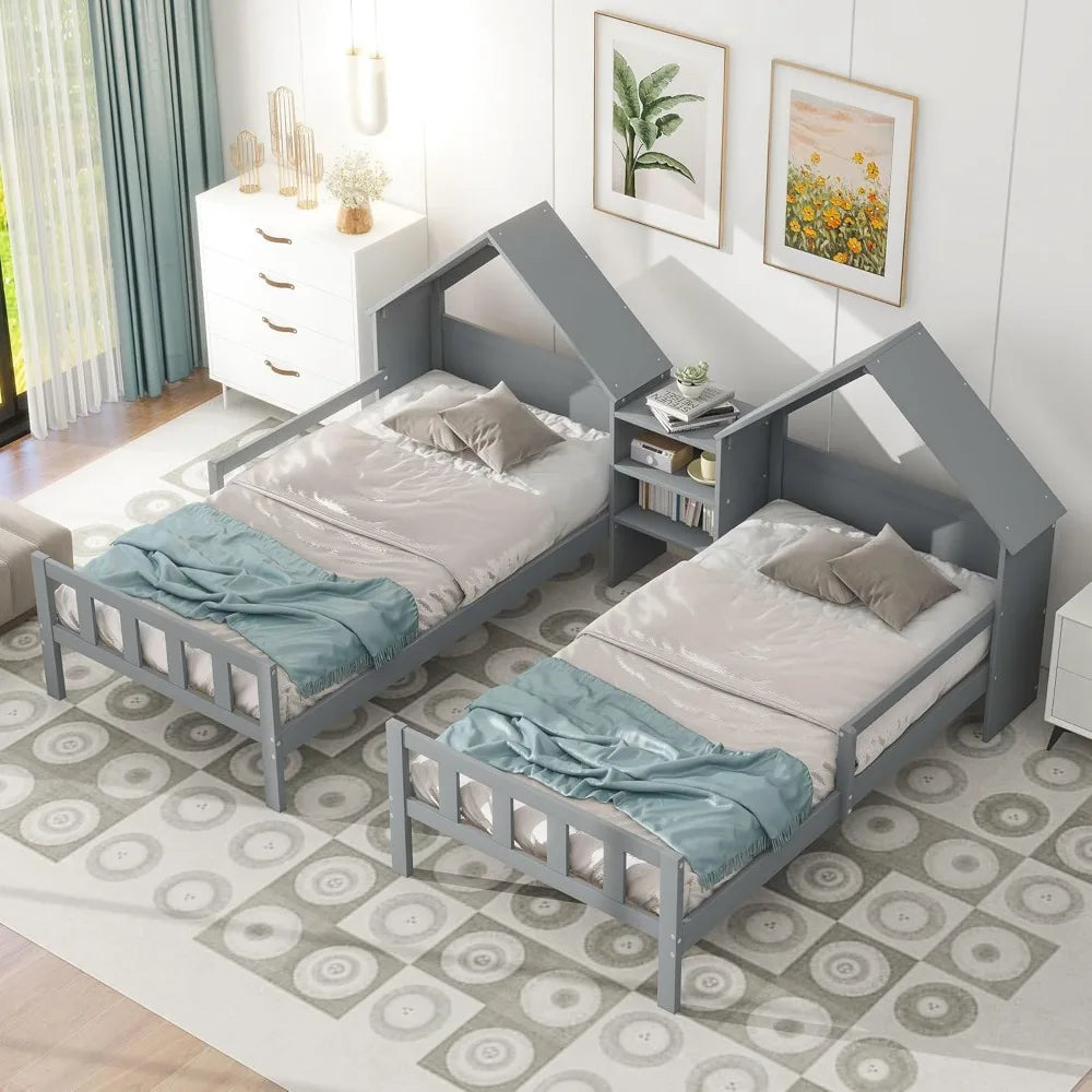 Double Twin Bed House Frame with Nightstand