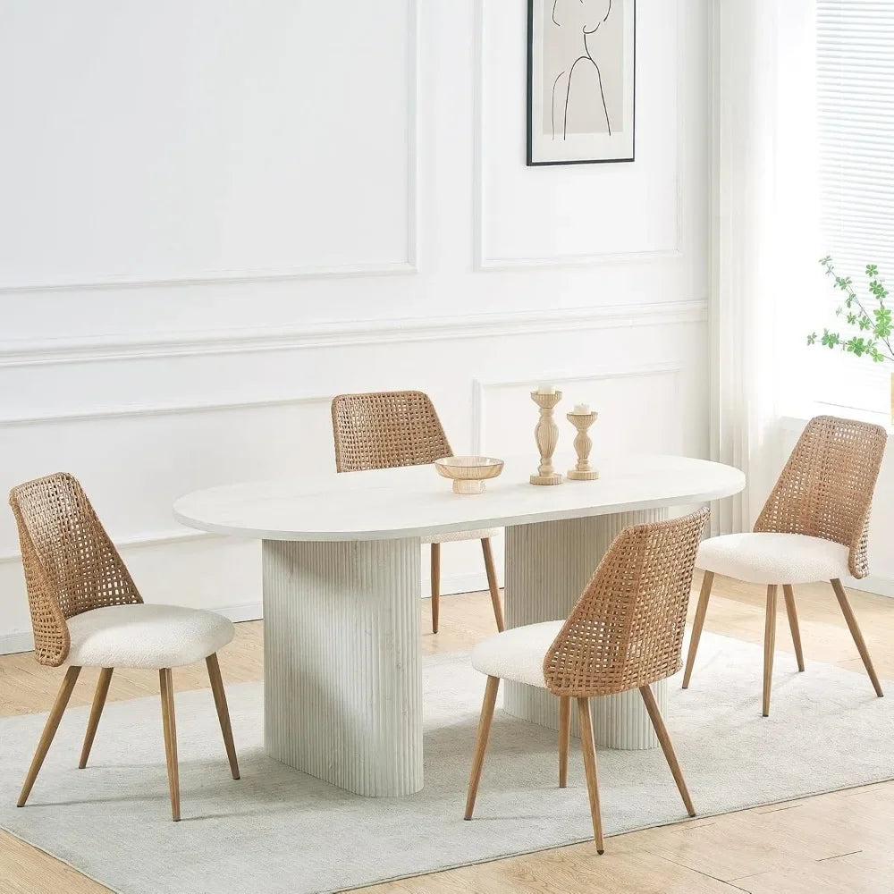 Boucle Upholstered Rattan Dining Chairs with PE Cane Back
