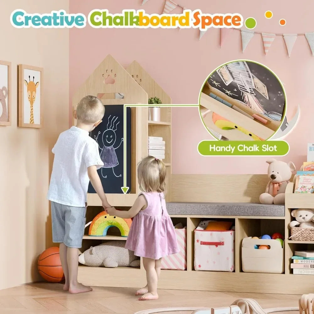 Kids Bookshelf with Reading Nook with Chalkboard and Bench