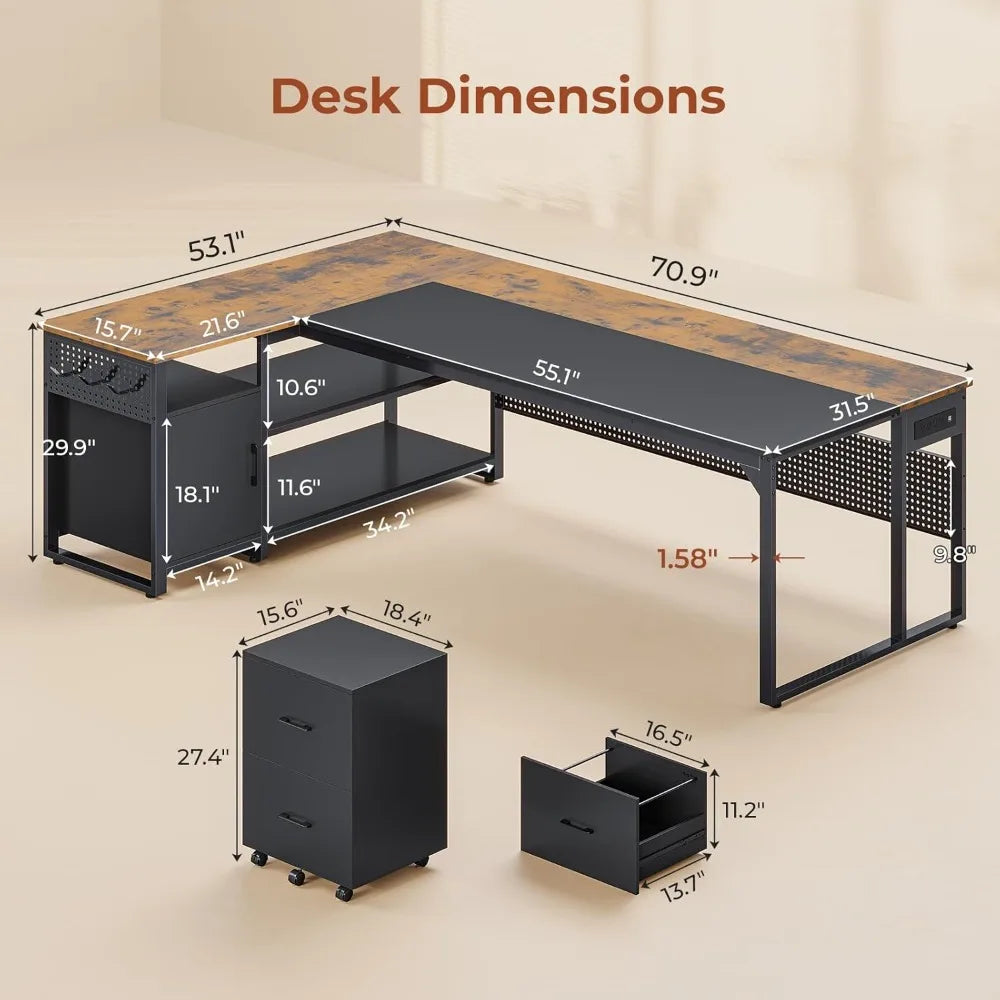 Reversible L Shaped Desk with Mobile File Cabinet & Power Outlets
