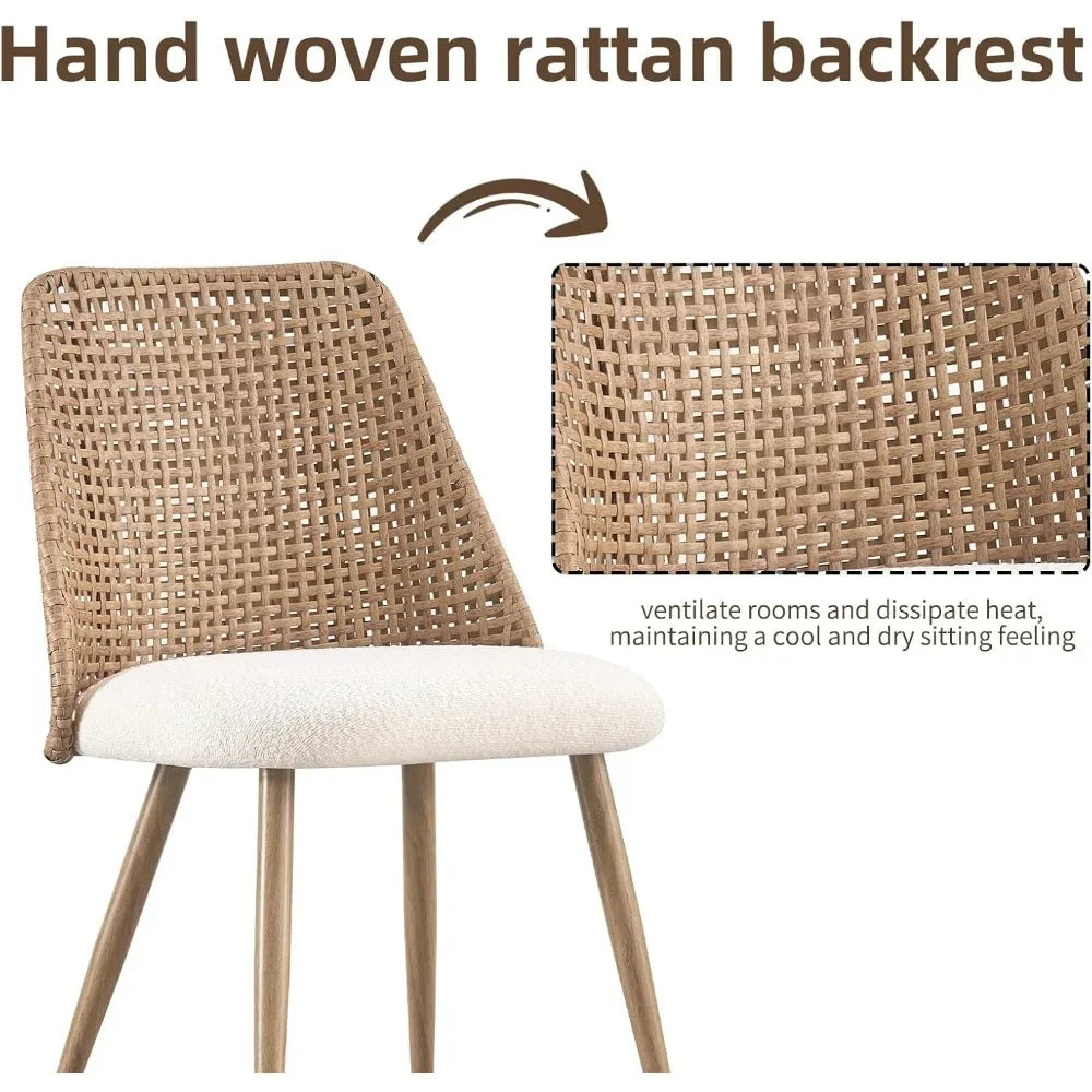Boucle Upholstered Rattan Dining Chairs with PE Cane Back