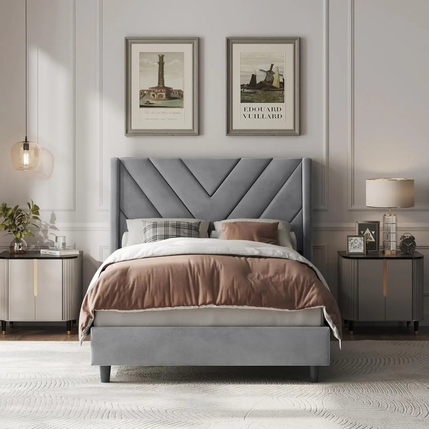 Bed Frame Upholstered Platform with Wing Side