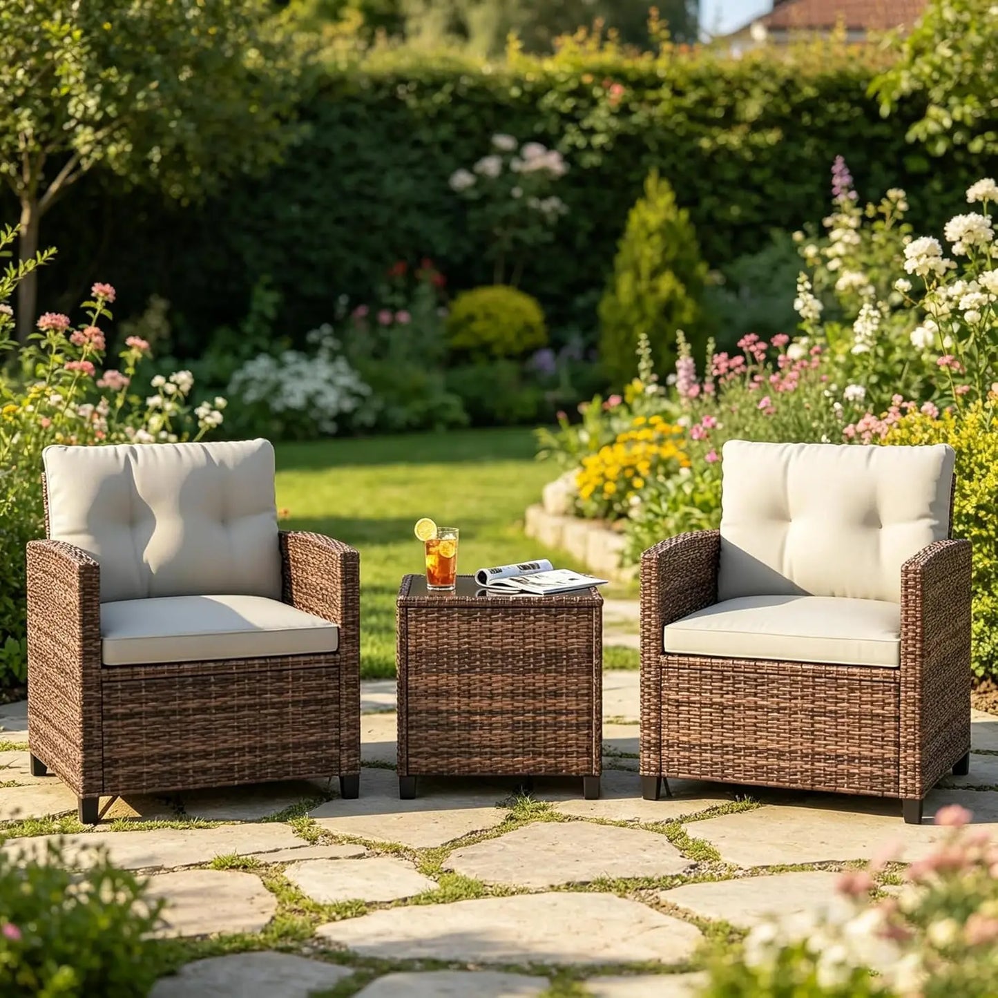 Rattan Patio Furniture Set - Wicker Chairs with Side Table