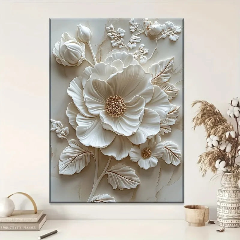 Wood Frame Canvas White Flower Pattern Mural