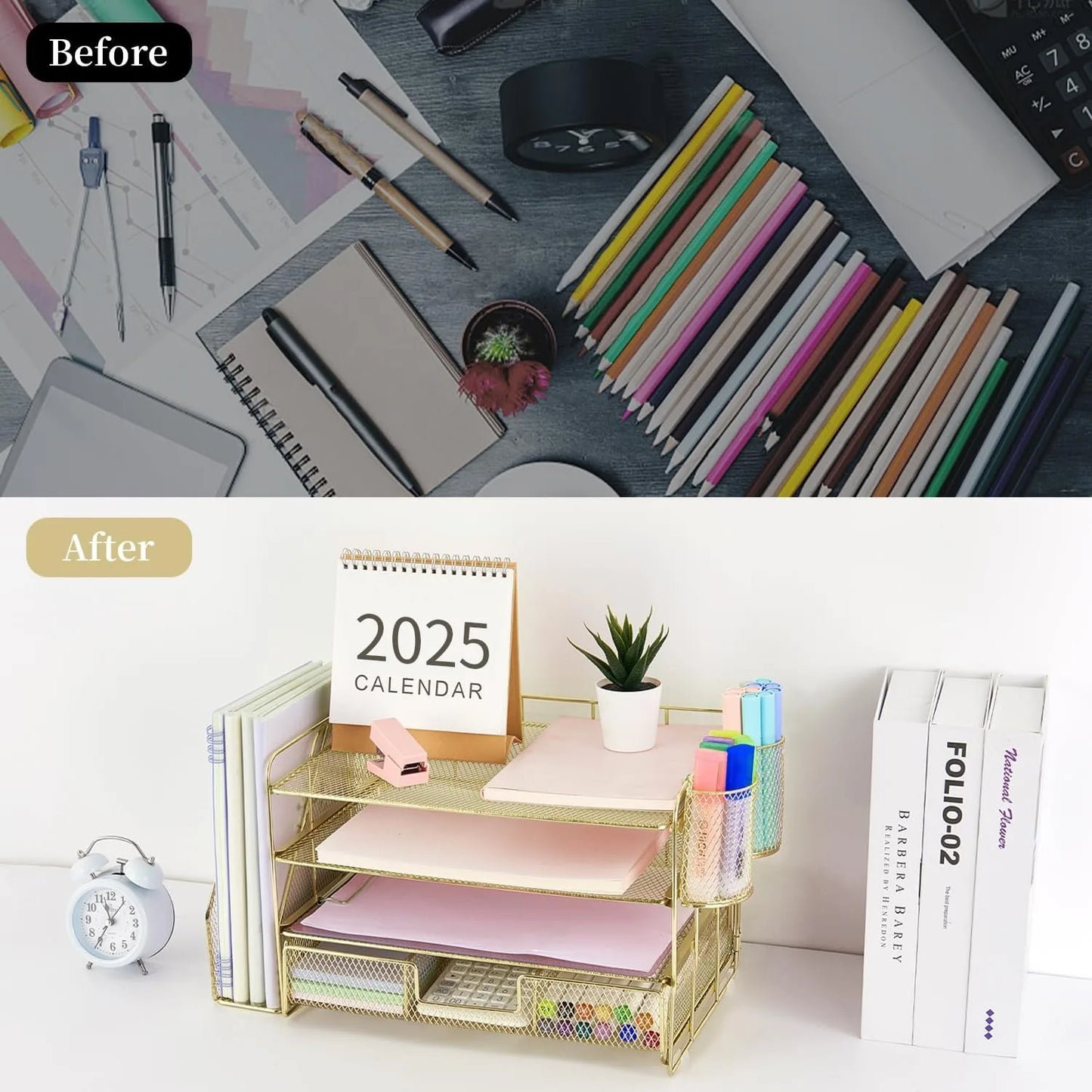 Letter tray organizer with file rack, 4-storey office desk accessory with drawers and 2 pen holders, and workspace organizer
