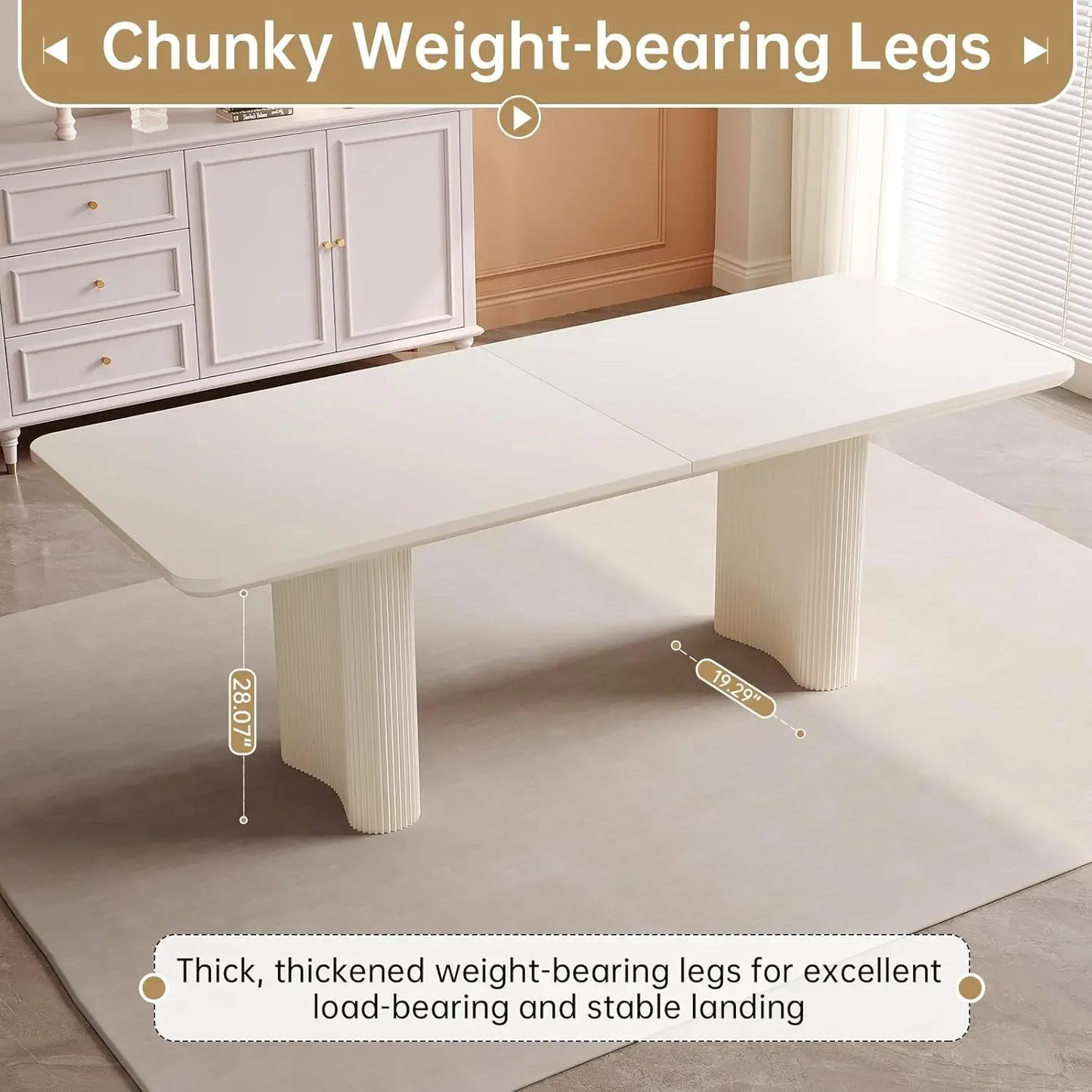 Large Modern Rectangular Dining Table with Cream White Wavy Table Legs