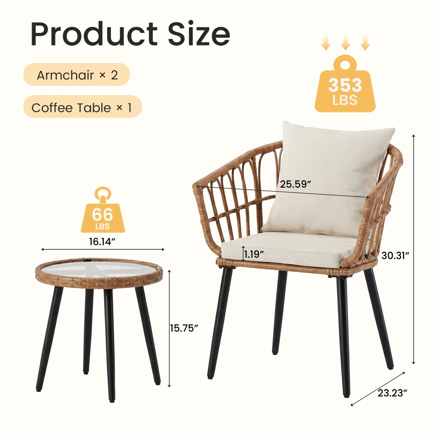 Wicker Patio Set with Soft Cushion and Glass Steel Frame Table