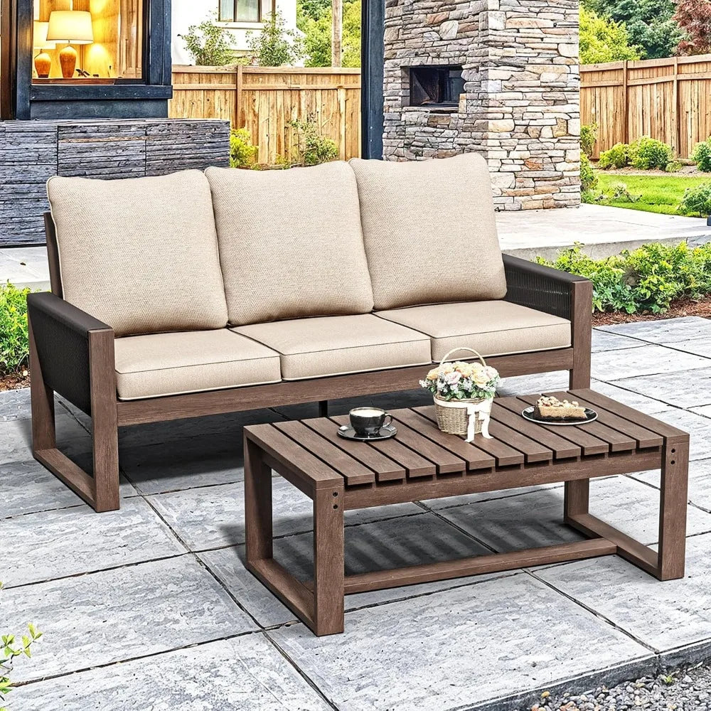 Patio Wood and PET Rope Sofa with Coffee Table