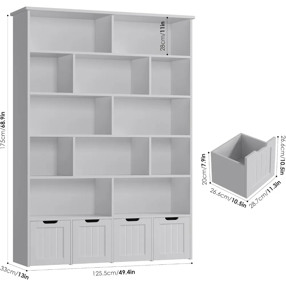 Tall Kids Bookshelf with 4 Movable Drawers and 12 Storage Cubbies