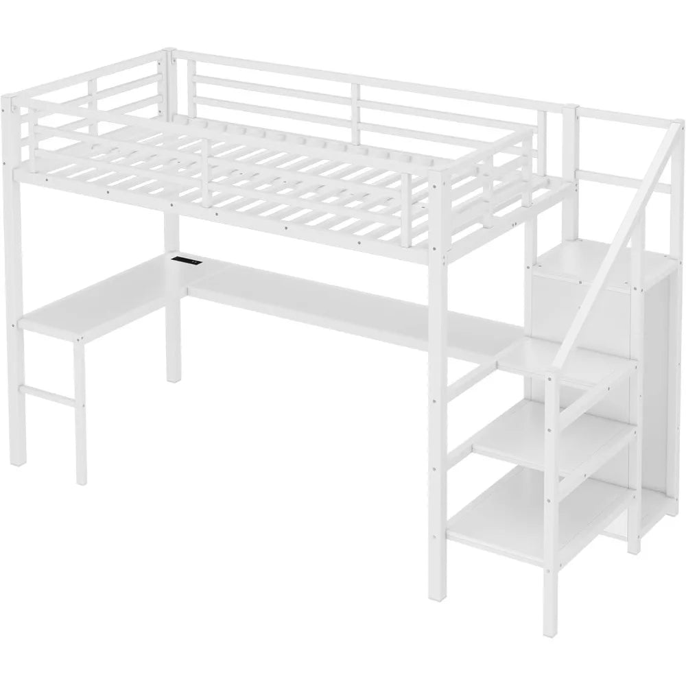 Twin XL Loft Bed with Stairs and L-shaped Desk