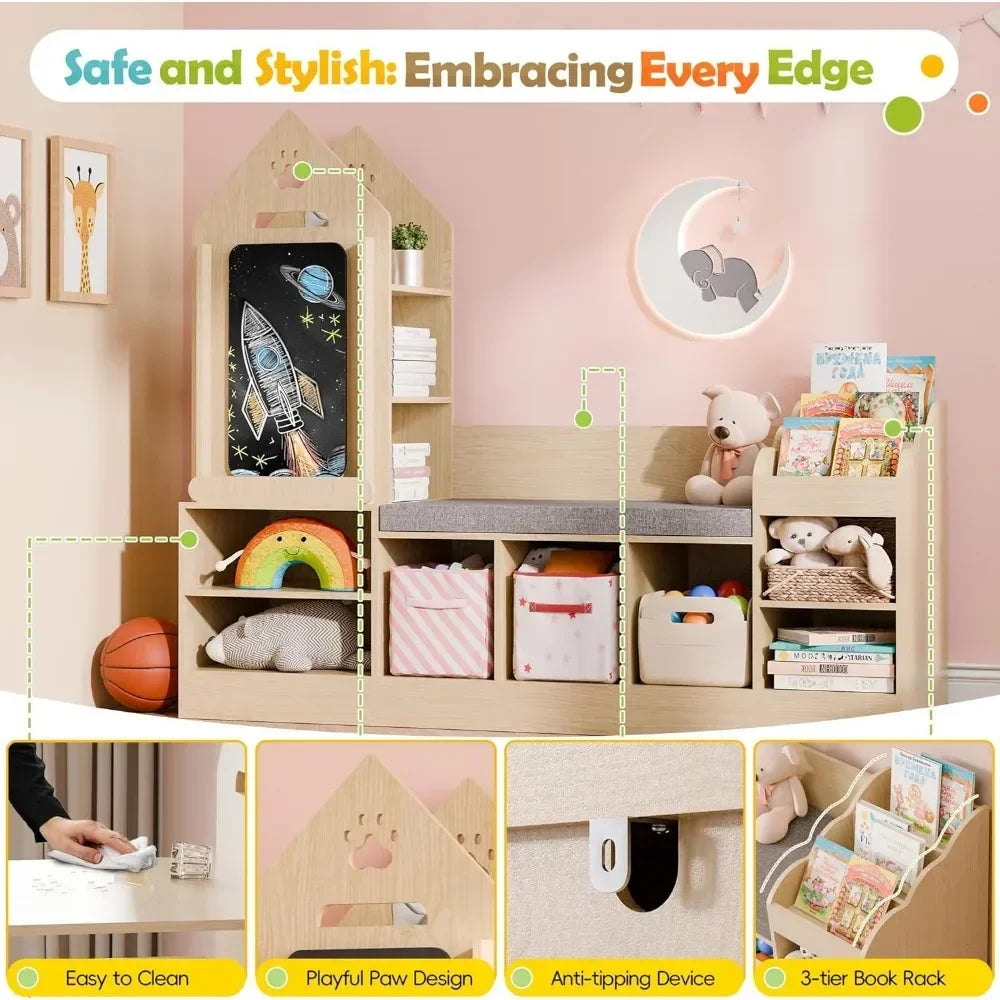 Kids Bookshelf with Reading Nook with Chalkboard and Bench