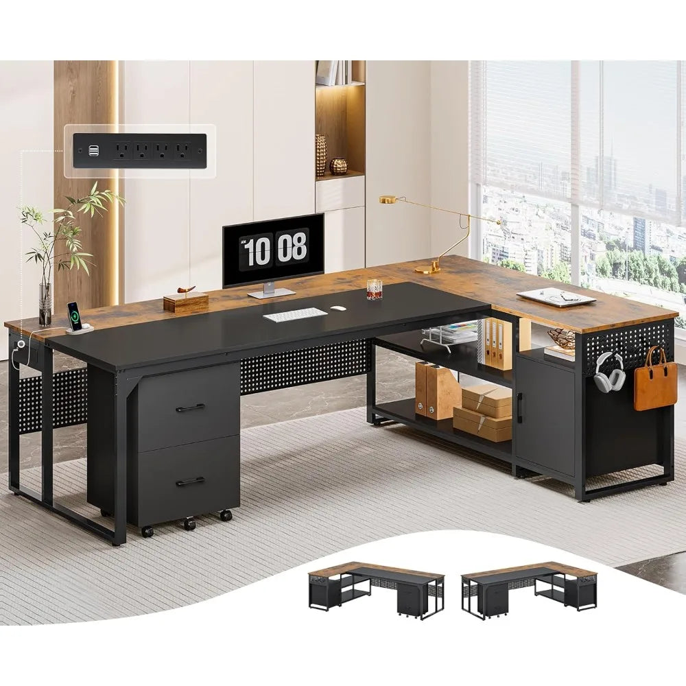 Reversible L Shaped Desk with Mobile File Cabinet & Power Outlets
