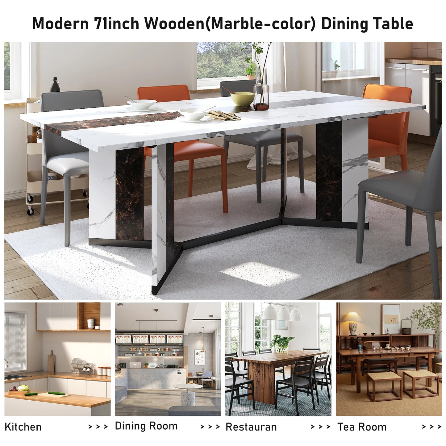 Large Rectangular White Dining Table with Marble Color, Wood Tabletop, Metal Leg