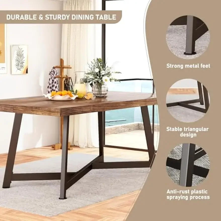 Rustic Large Brown Rectangular Solid Wood Dining Table w/Adjustable Metal Legs
