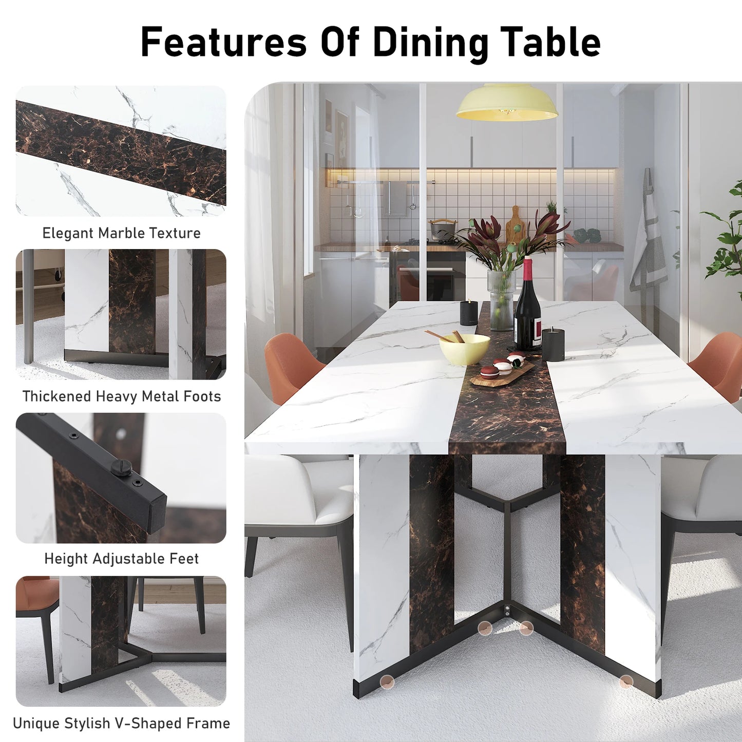 Large Rectangular White Dining Table with Marble Color, Wood Tabletop, Metal Leg
