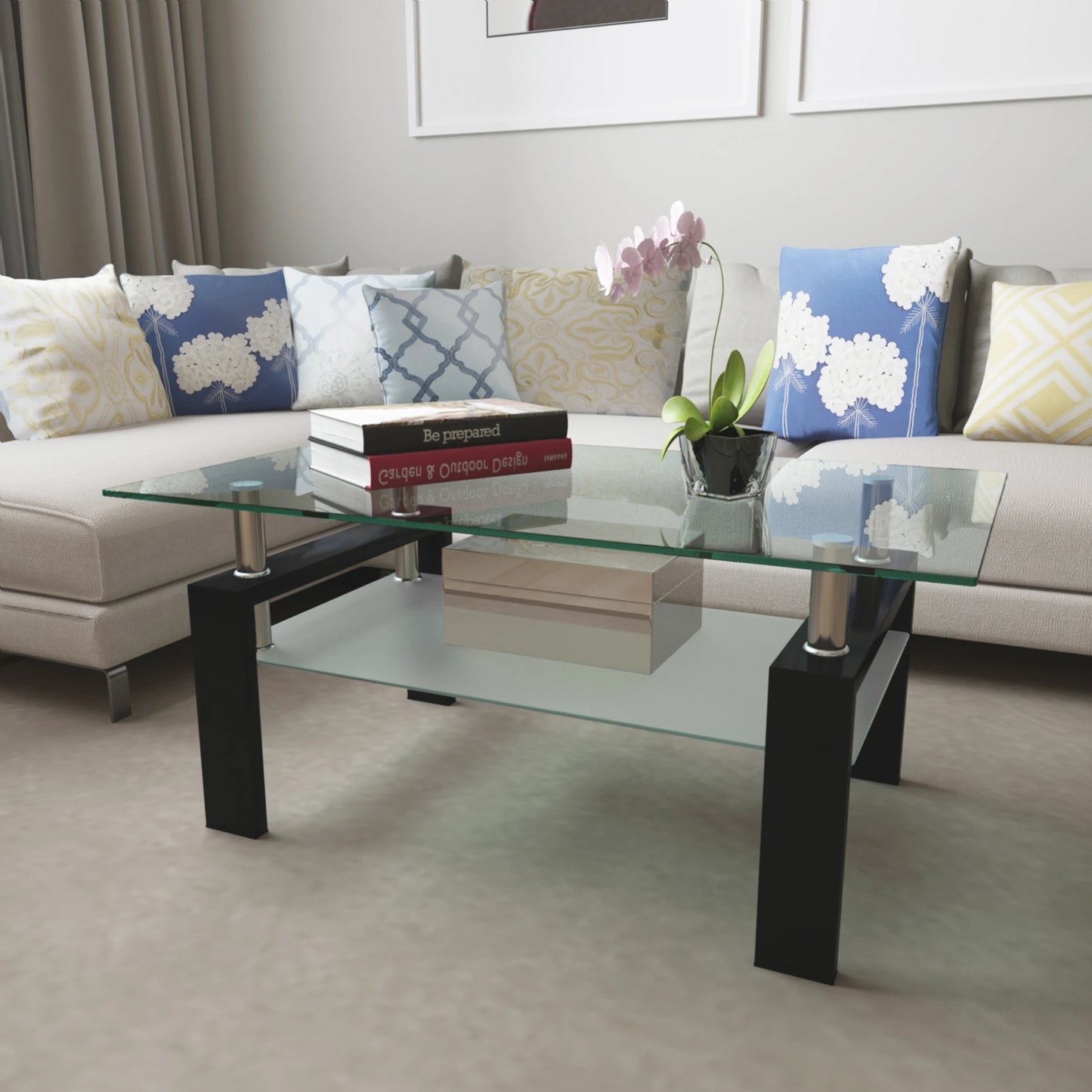 Living Room Modern Side Center Table with Black Glass