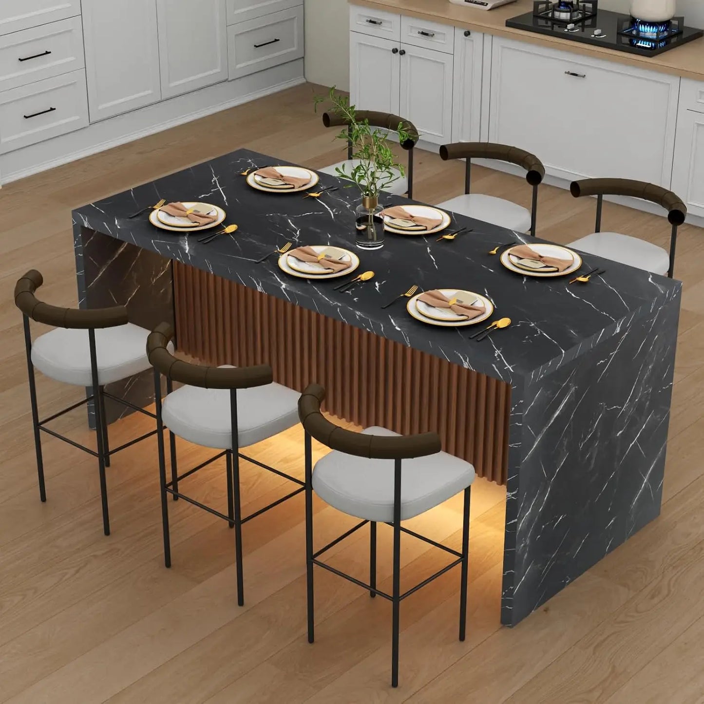 Imitation Marble Dining Island Table with LED Lights