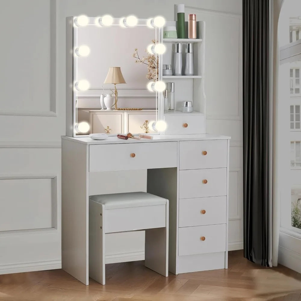 Makeup Vanity Table with LED Lights, Cabinet & Stool